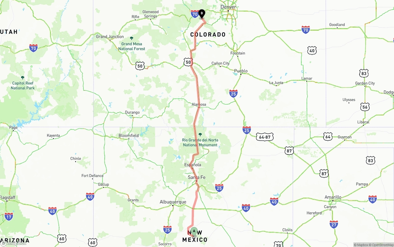 Shipping route from New Mexico to Colorado