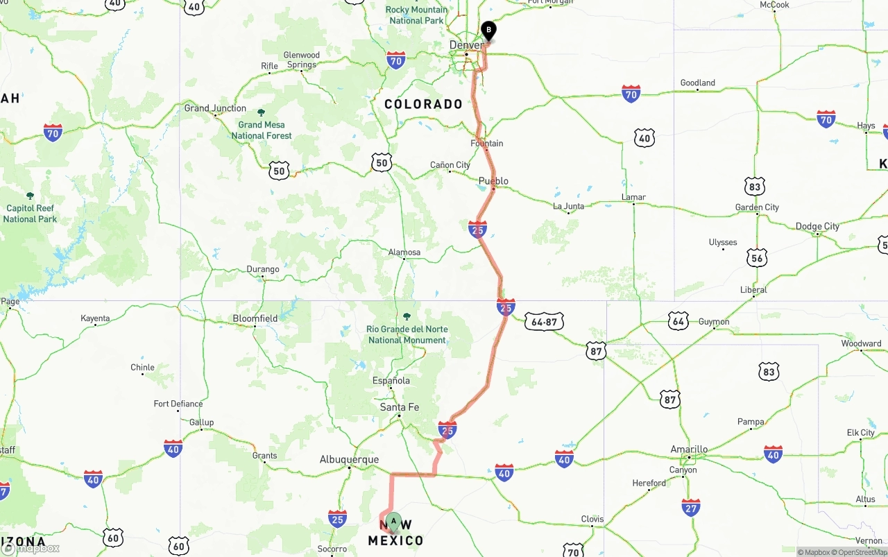 Shipping route from New Mexico to Denver International Airport