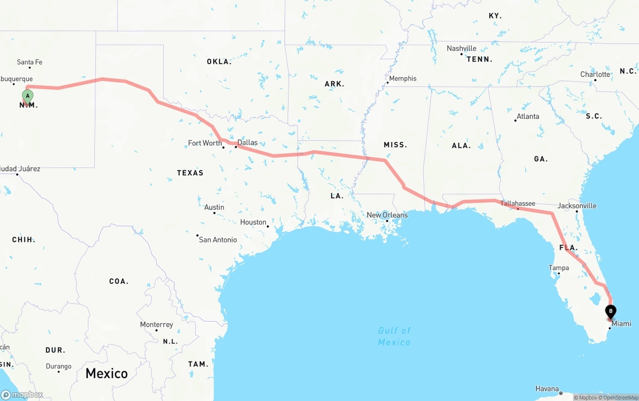 Shipping route from New Mexico to Fort Lauderdale-Hollywood International Airport