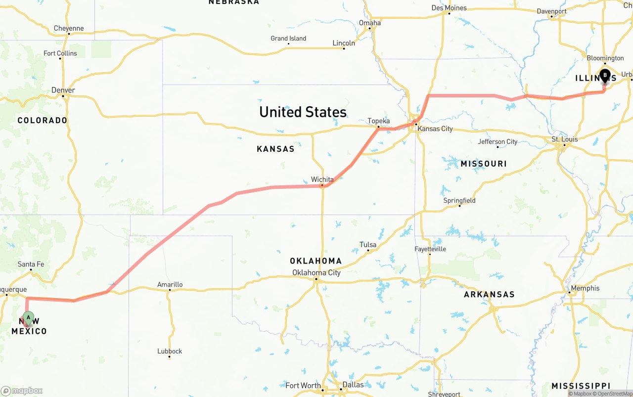 Shipping route from New Mexico to Illinois