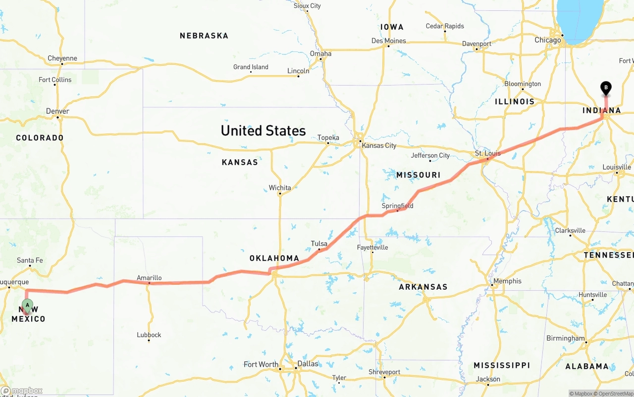 Shipping route from New Mexico to Indiana