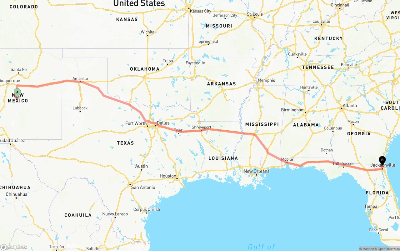 Shipping route from New Mexico to Jacksonville International Airport