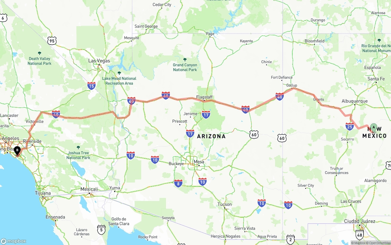 Shipping route from New Mexico to John Wayne Airport — Orange County