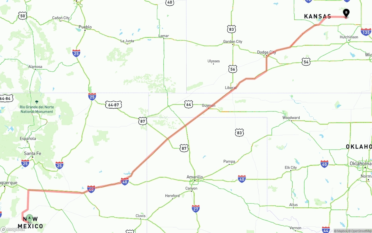 Shipping route from New Mexico to Kansas