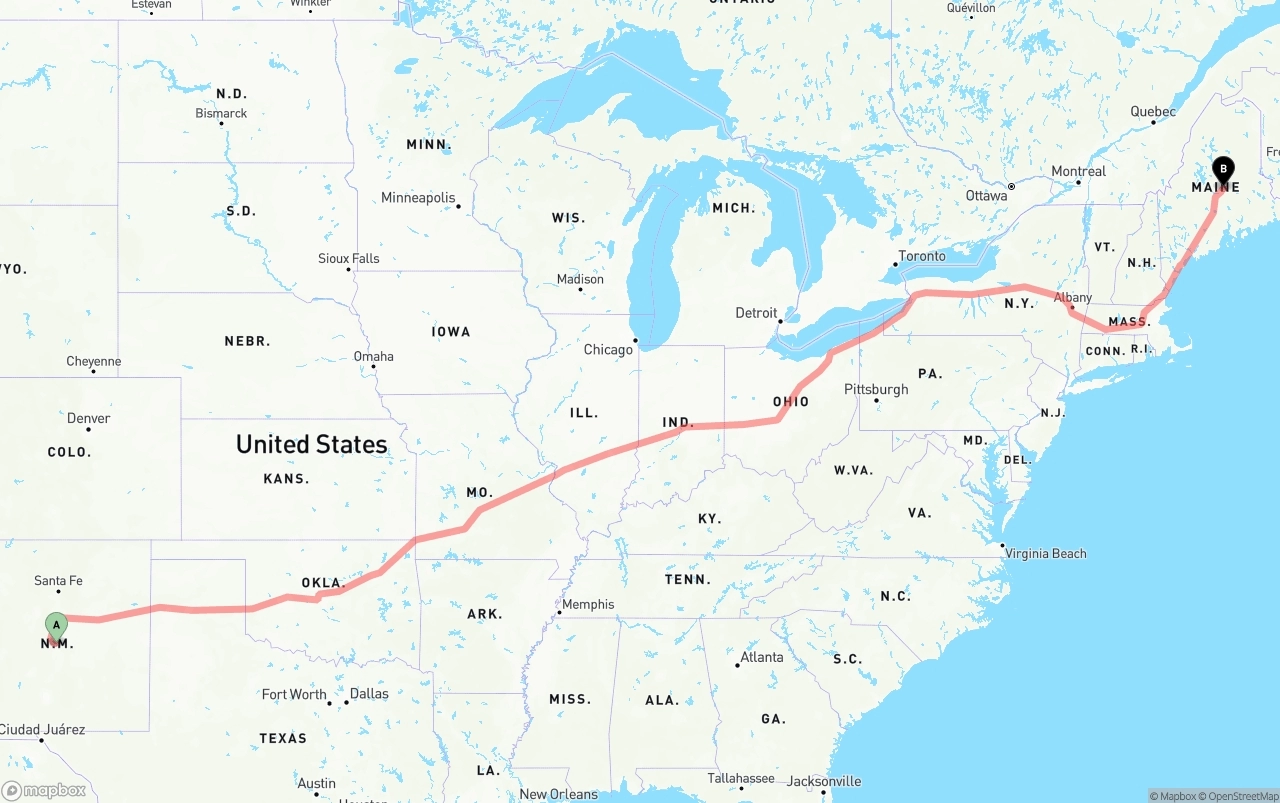 Shipping route from New Mexico to Maine