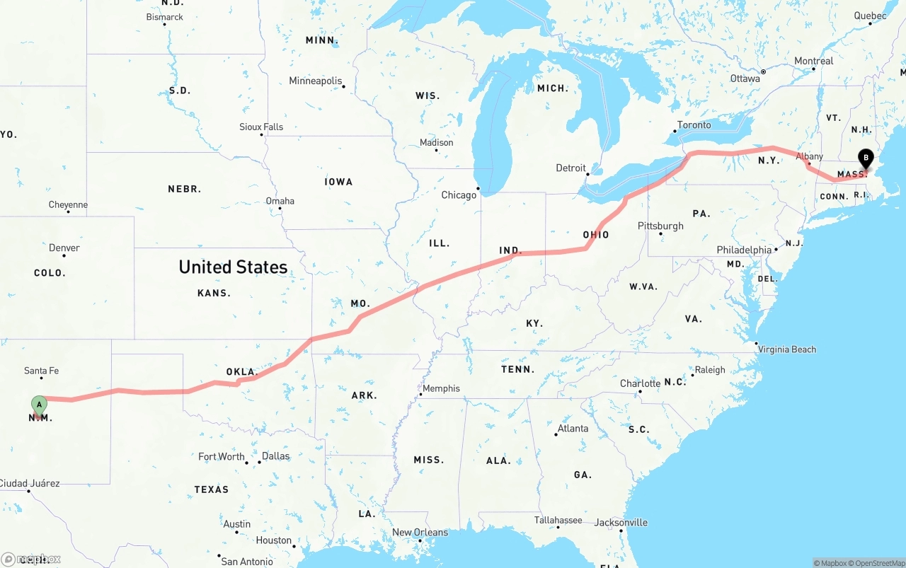 Shipping route from New Mexico to Massachusetts