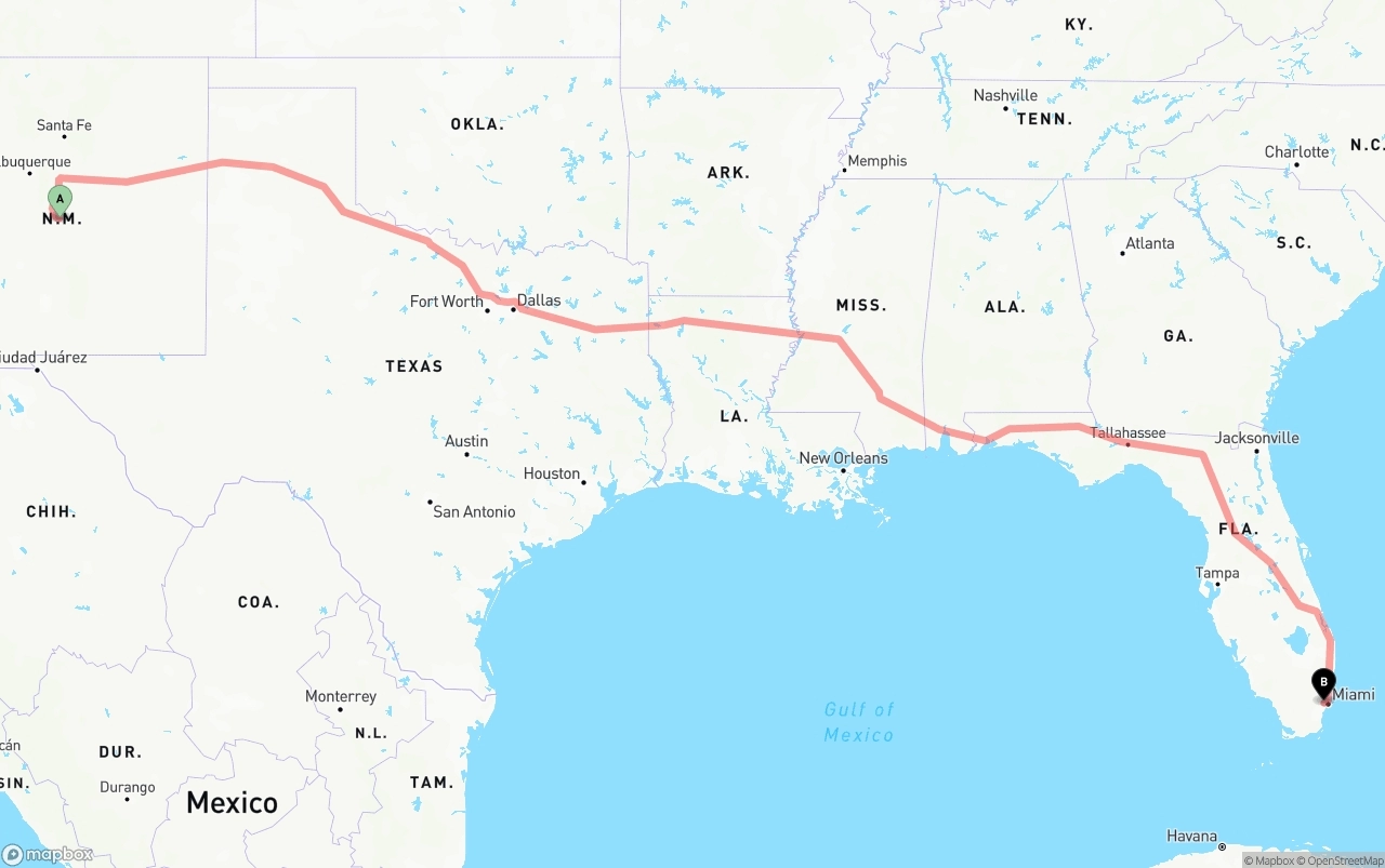 Shipping route from New Mexico to Miami International Airport