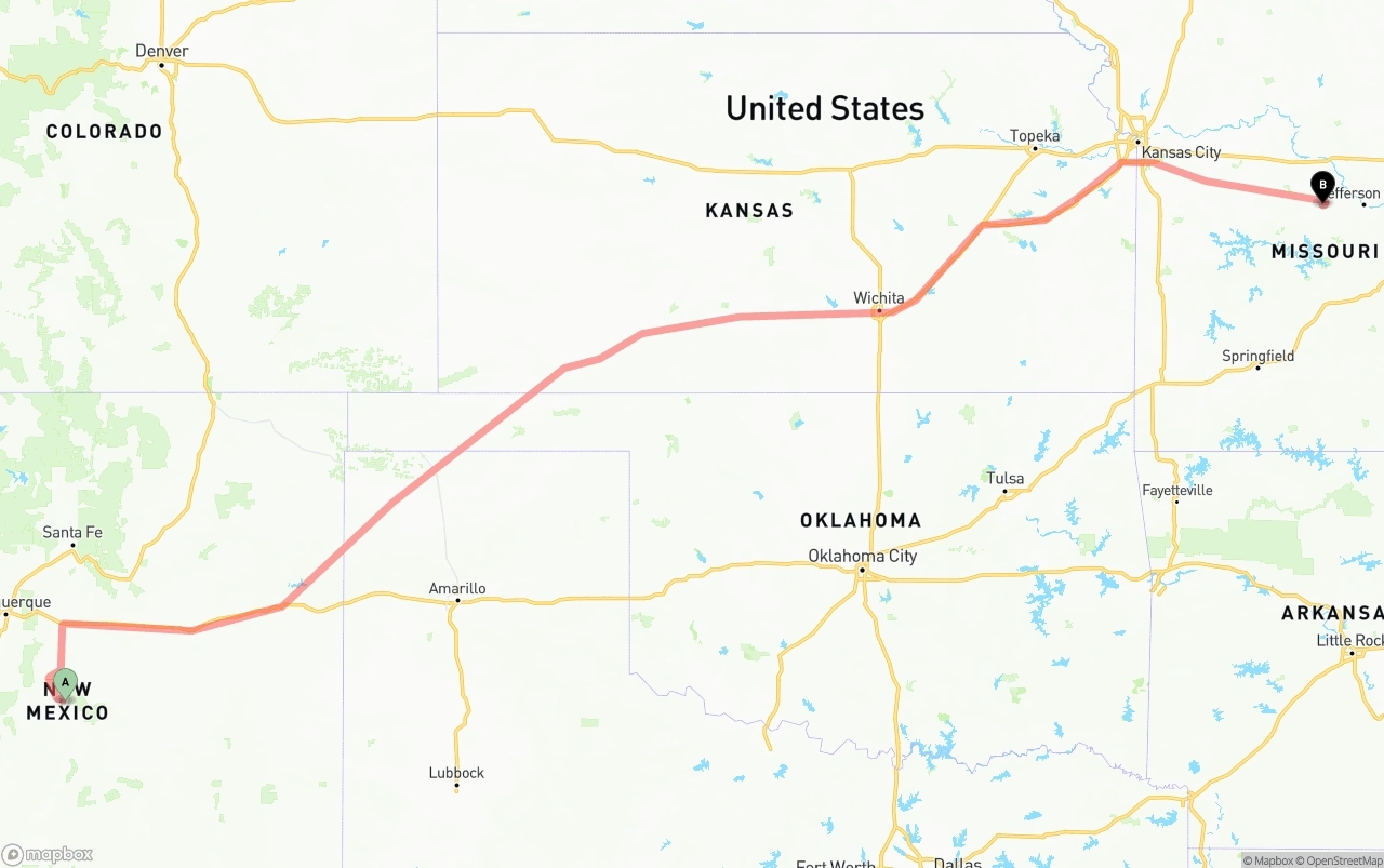 Shipping route from New Mexico to Missouri