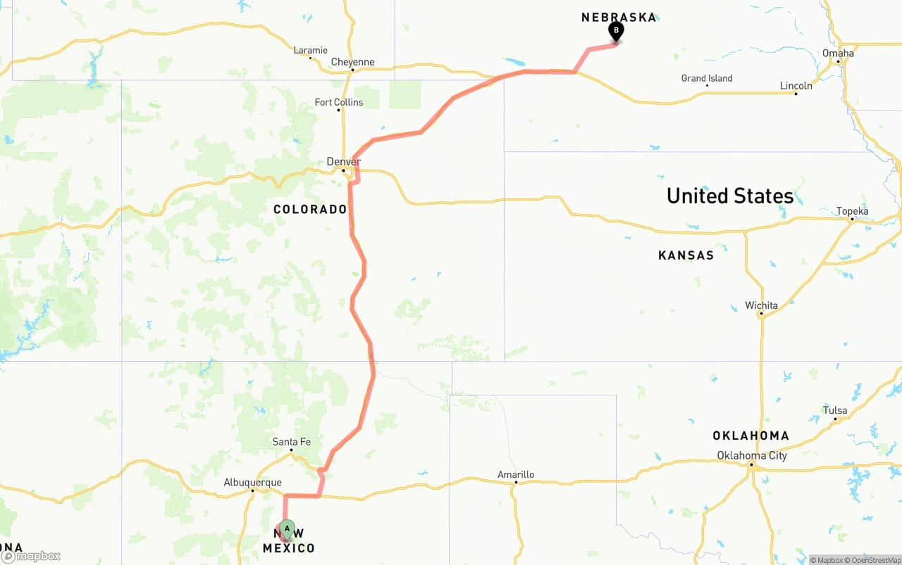 Shipping route from New Mexico to Nebraska