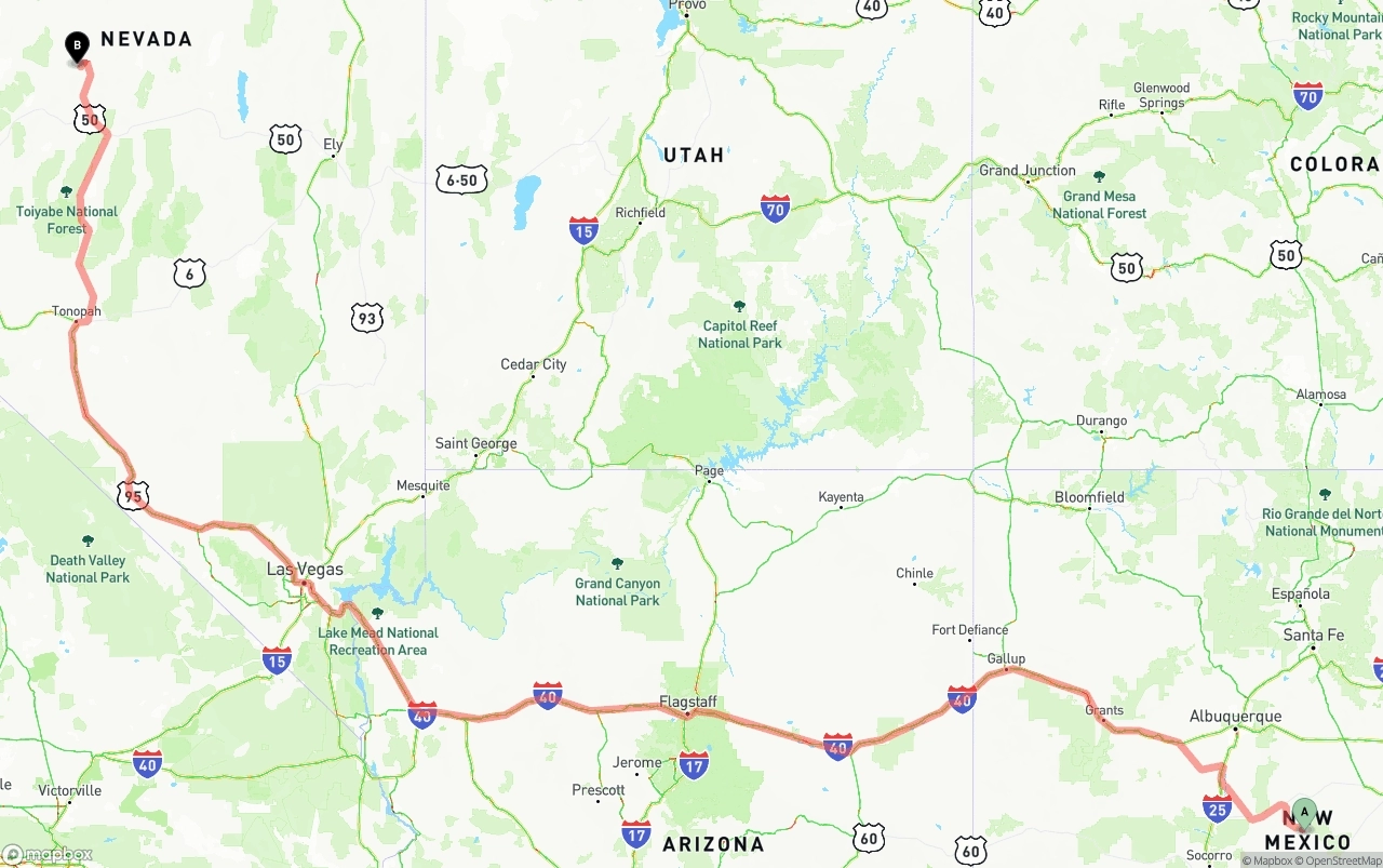 Shipping route from New Mexico to Nevada