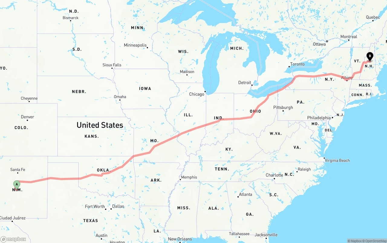 Shipping route from New Mexico to New Hampshire
