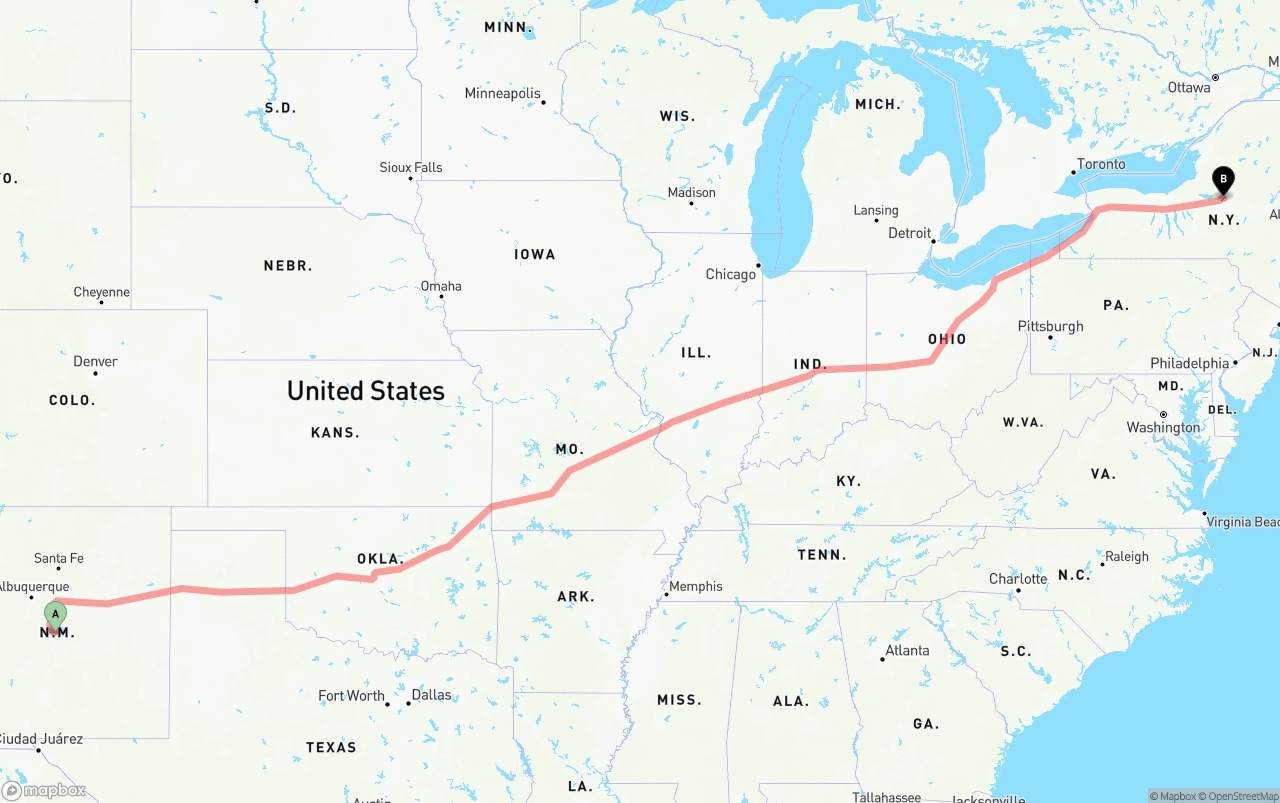 Shipping route from New Mexico to New York