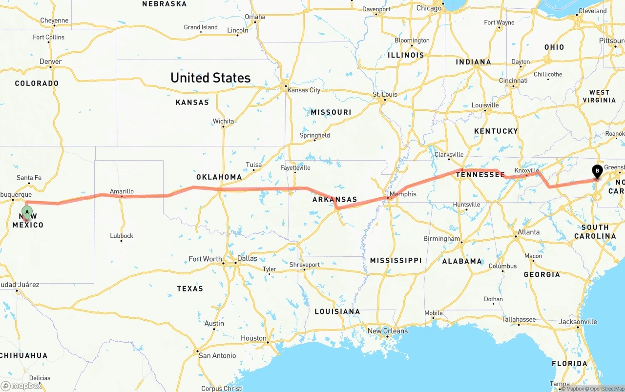 Shipping route from New Mexico to North Carolina