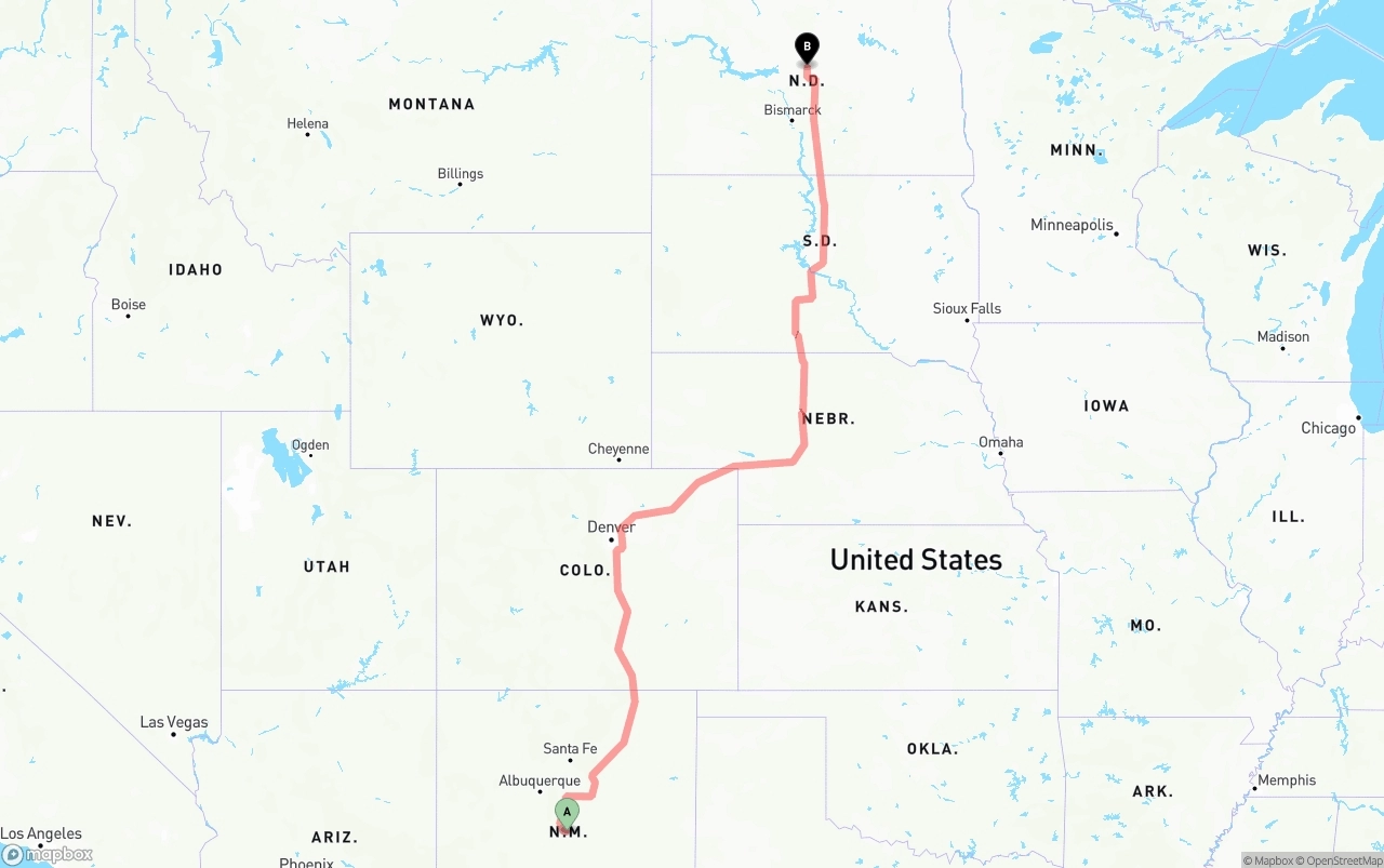 Shipping route from New Mexico to North Dakota