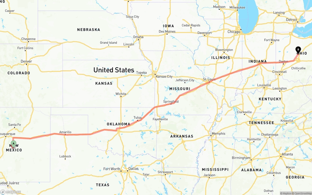 Shipping route from New Mexico to Ohio