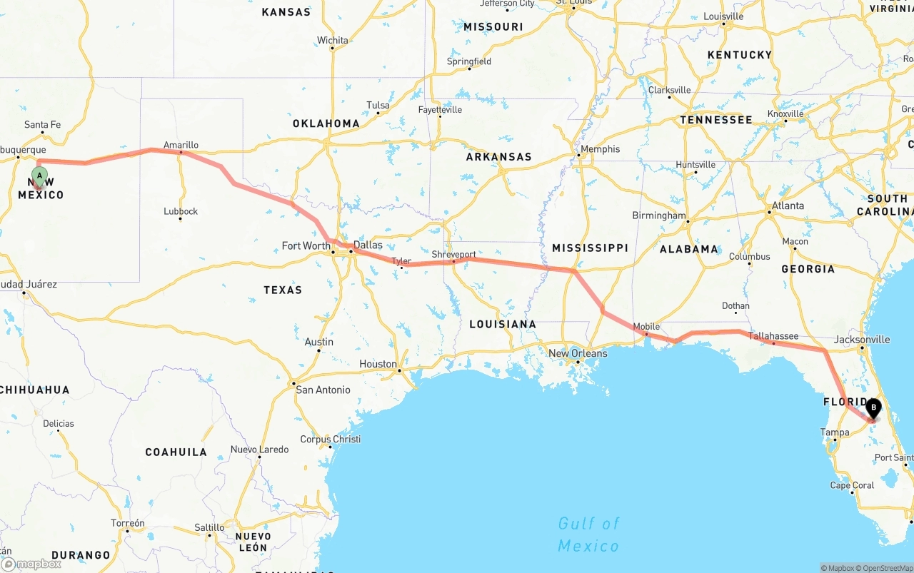 Shipping route from New Mexico to Orlando International Airport