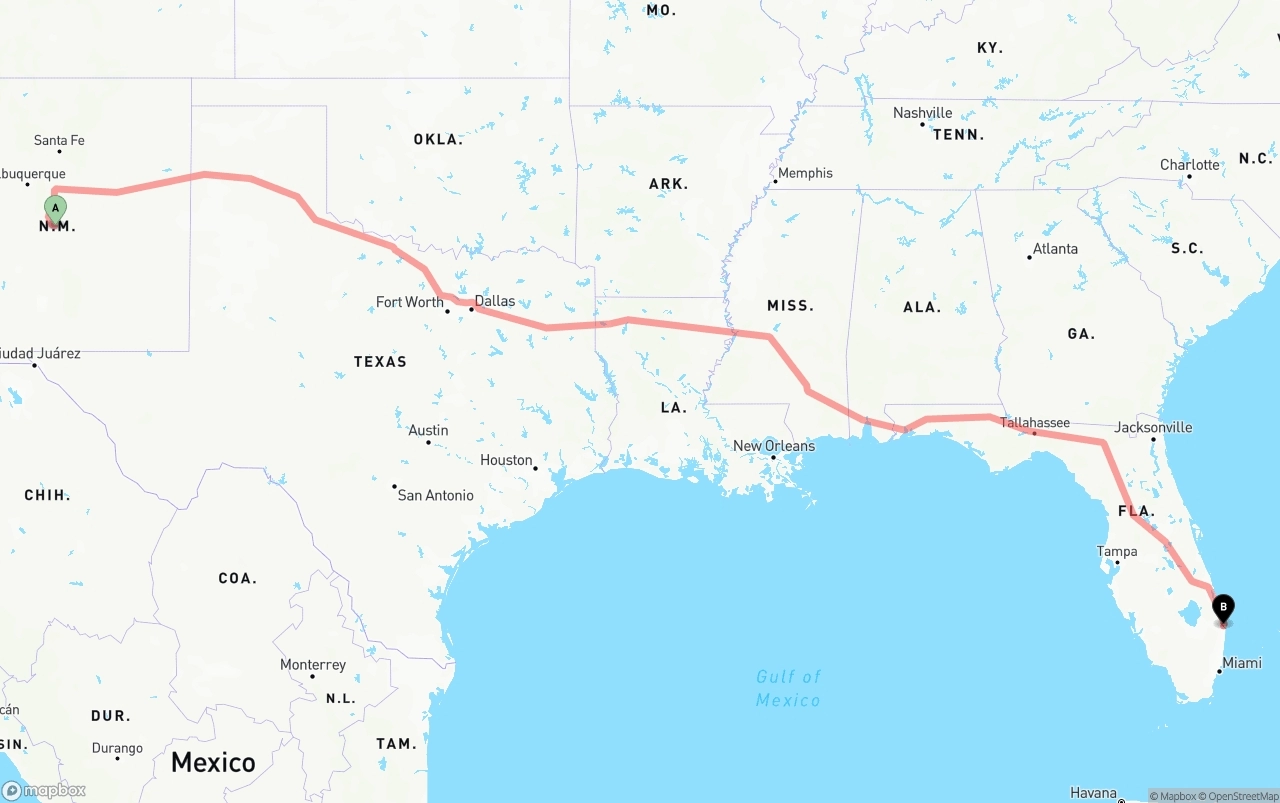 Shipping route from New Mexico to Palm Beach International Airport