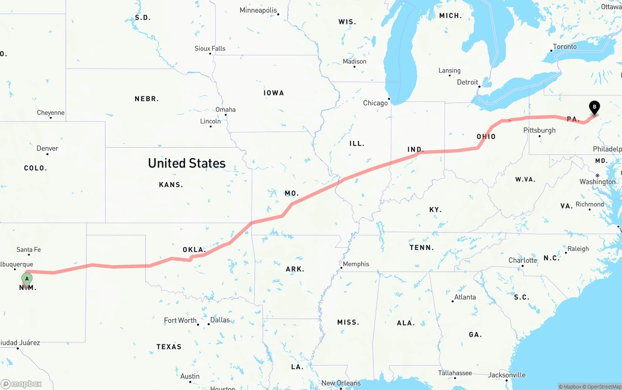 Shipping route from New Mexico to Pennsylvania