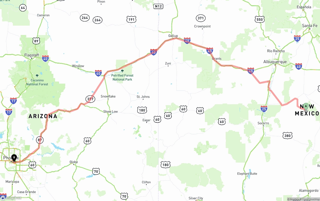 Shipping route from New Mexico to Phoenix Sky Harbor International Airport