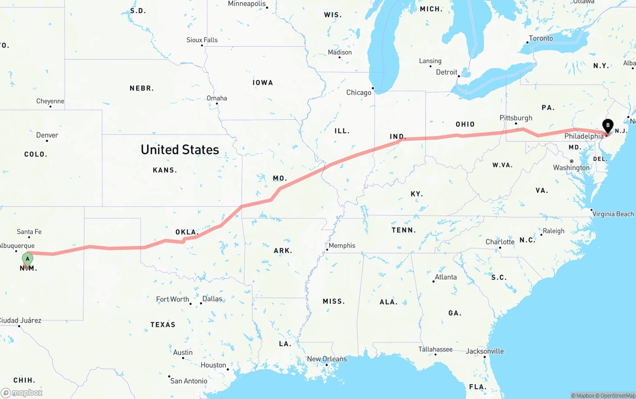 Shipping route from New Mexico to Port of Philadelphia
