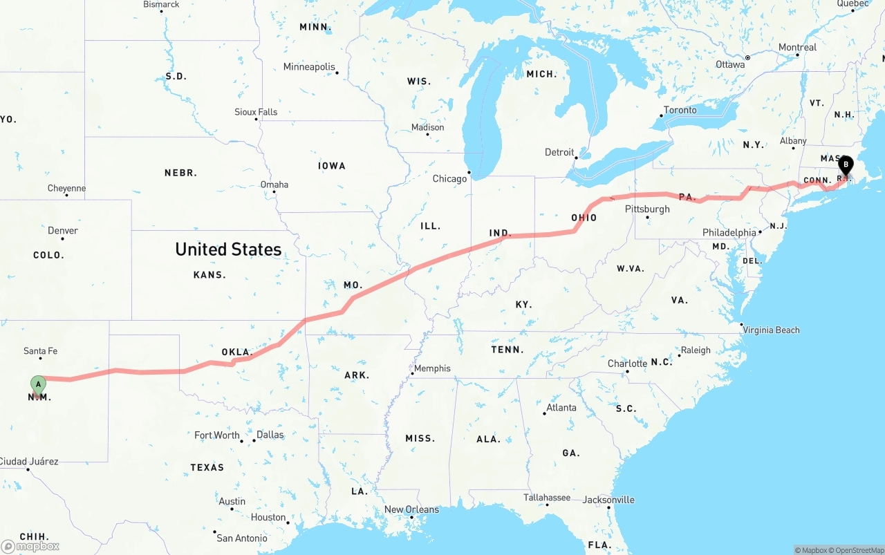 Shipping route from New Mexico to Rhode Island