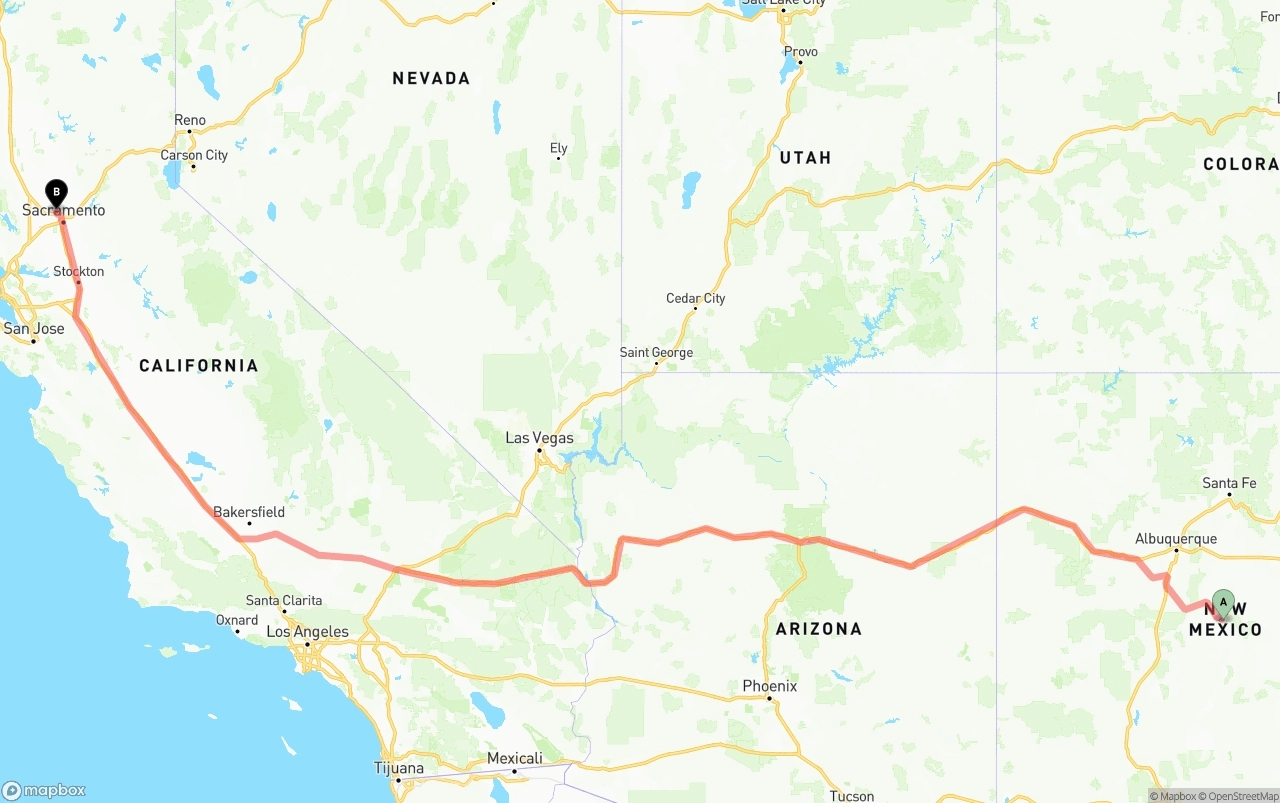 Shipping route from New Mexico to Sacramento International Airport