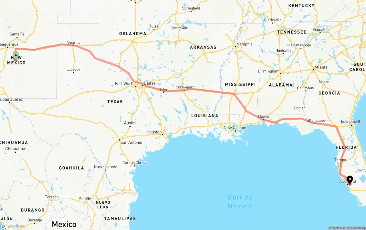 Shipping route from New Mexico to Southwest Florida International Airport
