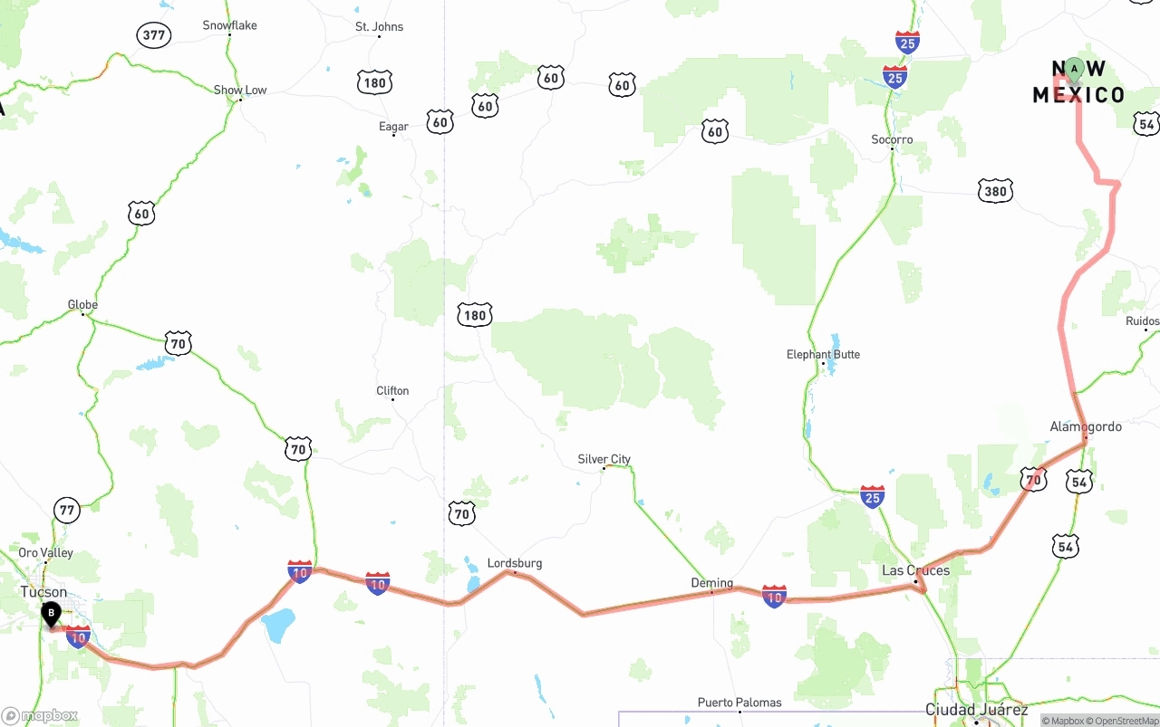 Shipping route from New Mexico to Tucson International Airport