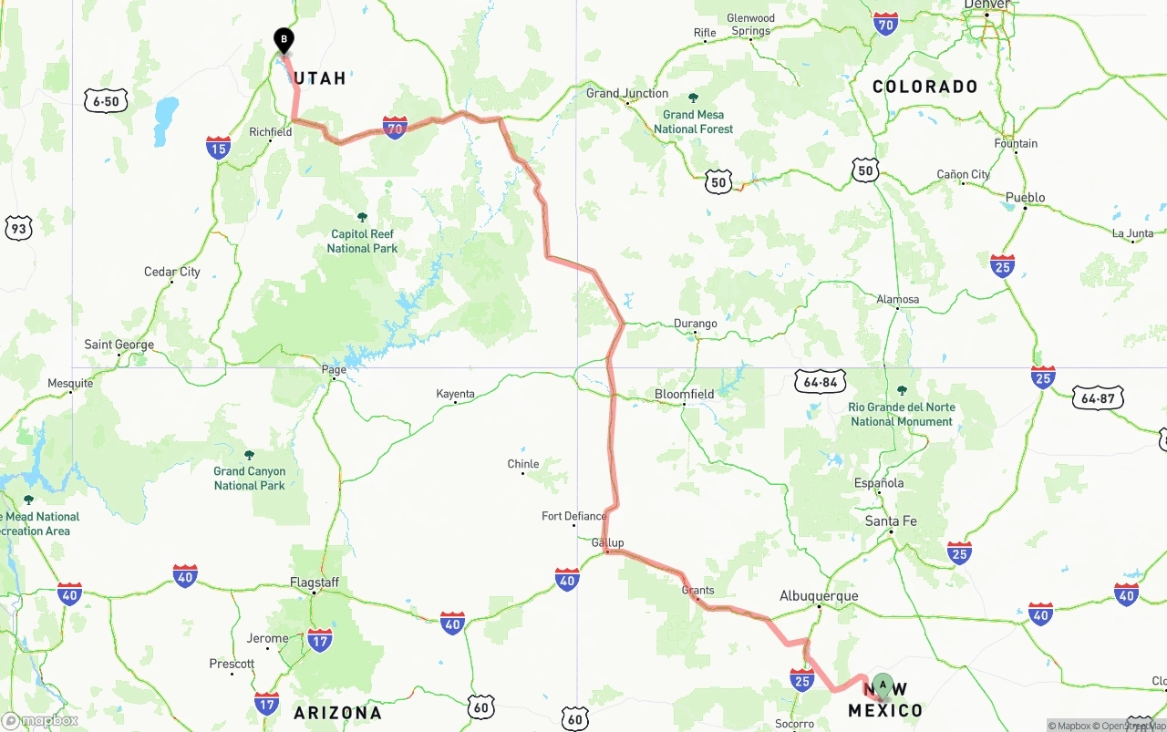 Shipping route from New Mexico to Utah