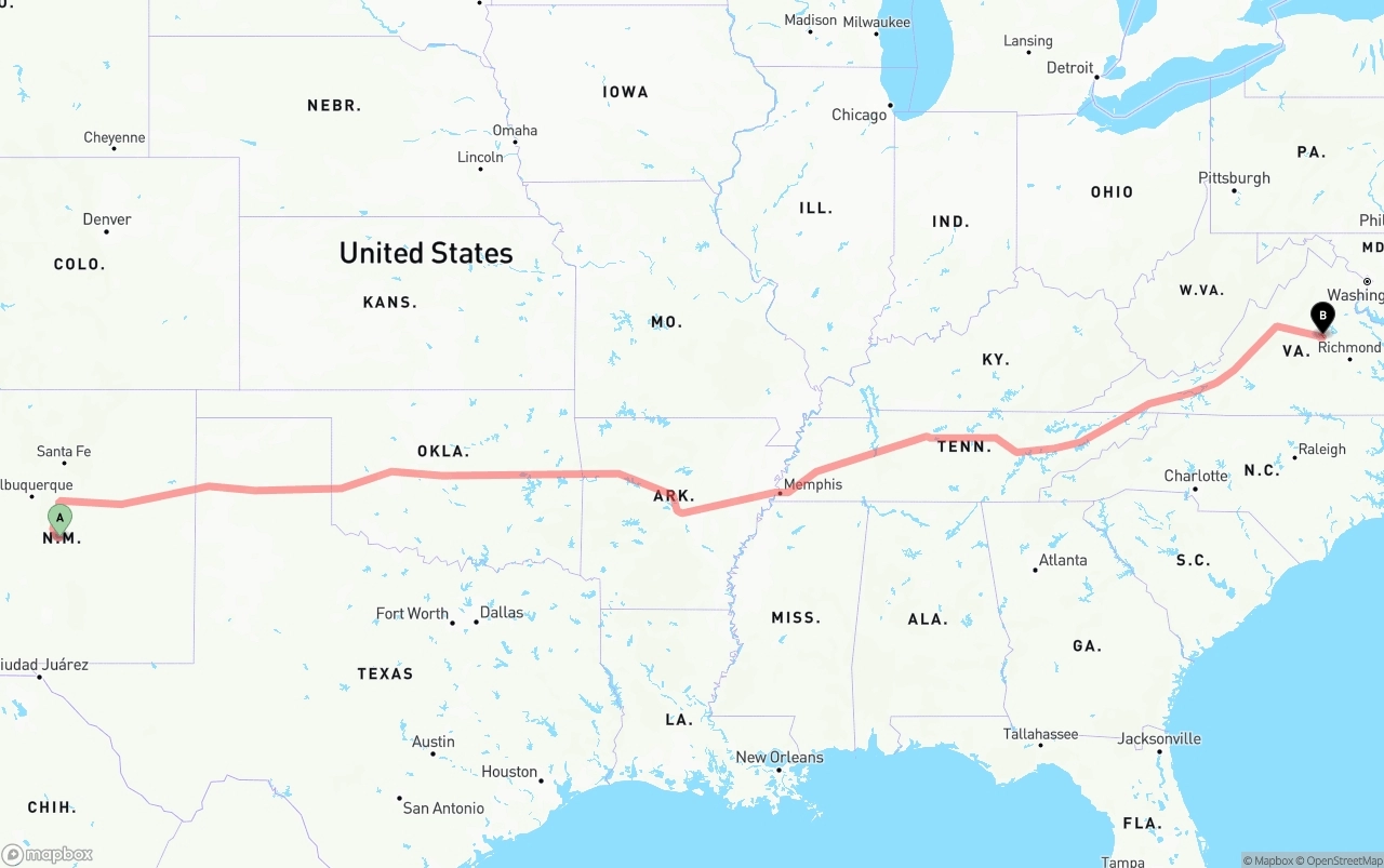 Shipping route from New Mexico to Virginia