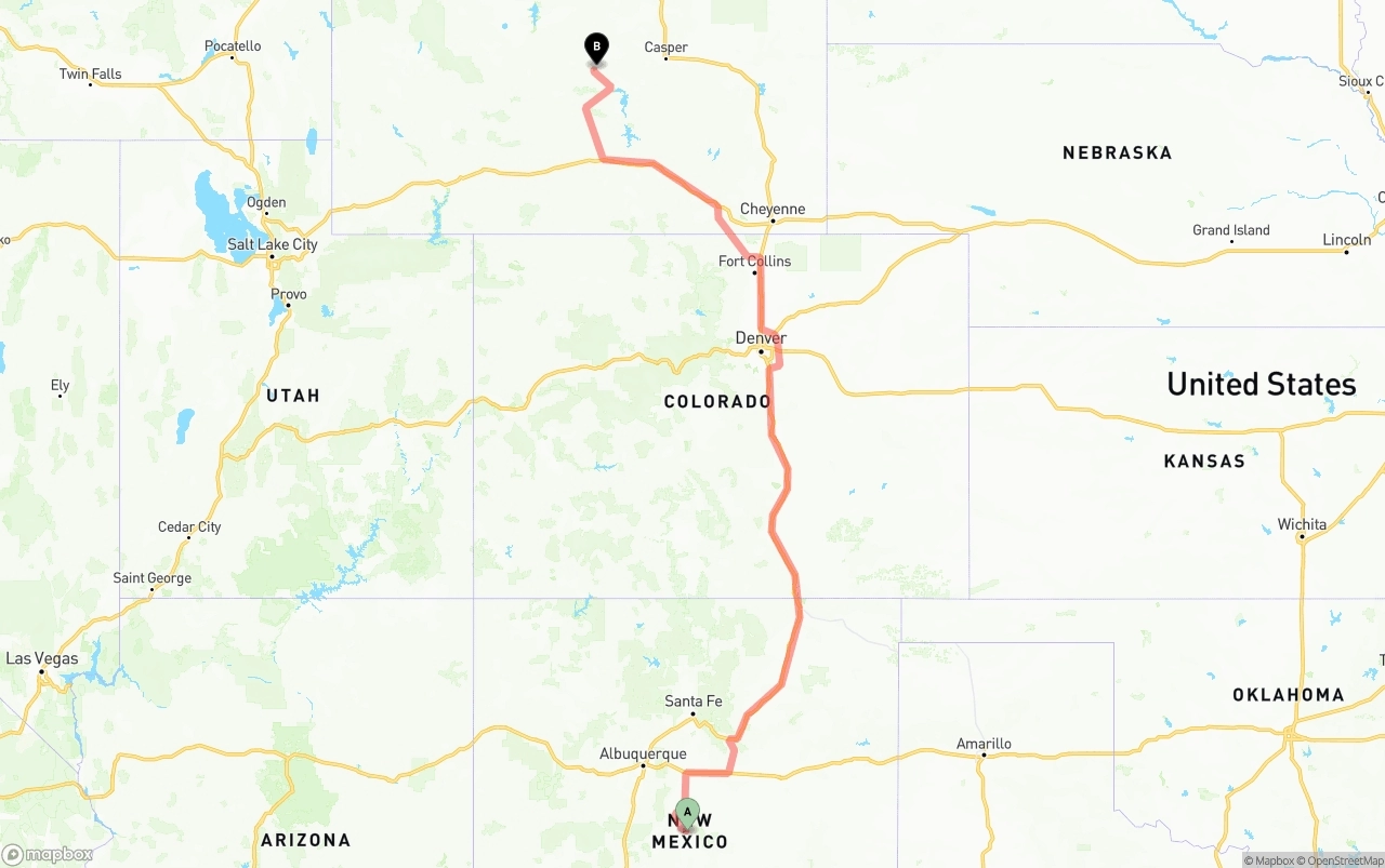 Shipping route from New Mexico to Wyoming