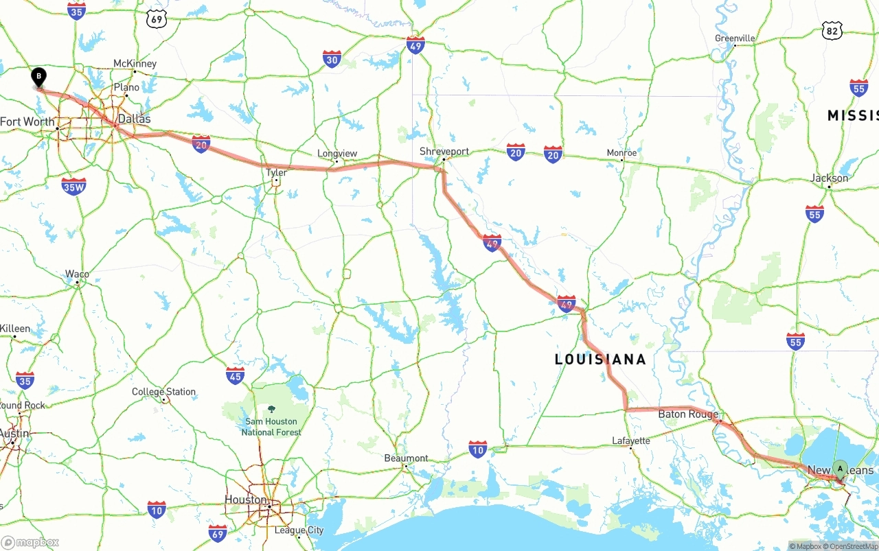 Shipping route from New Orleans to Aurora