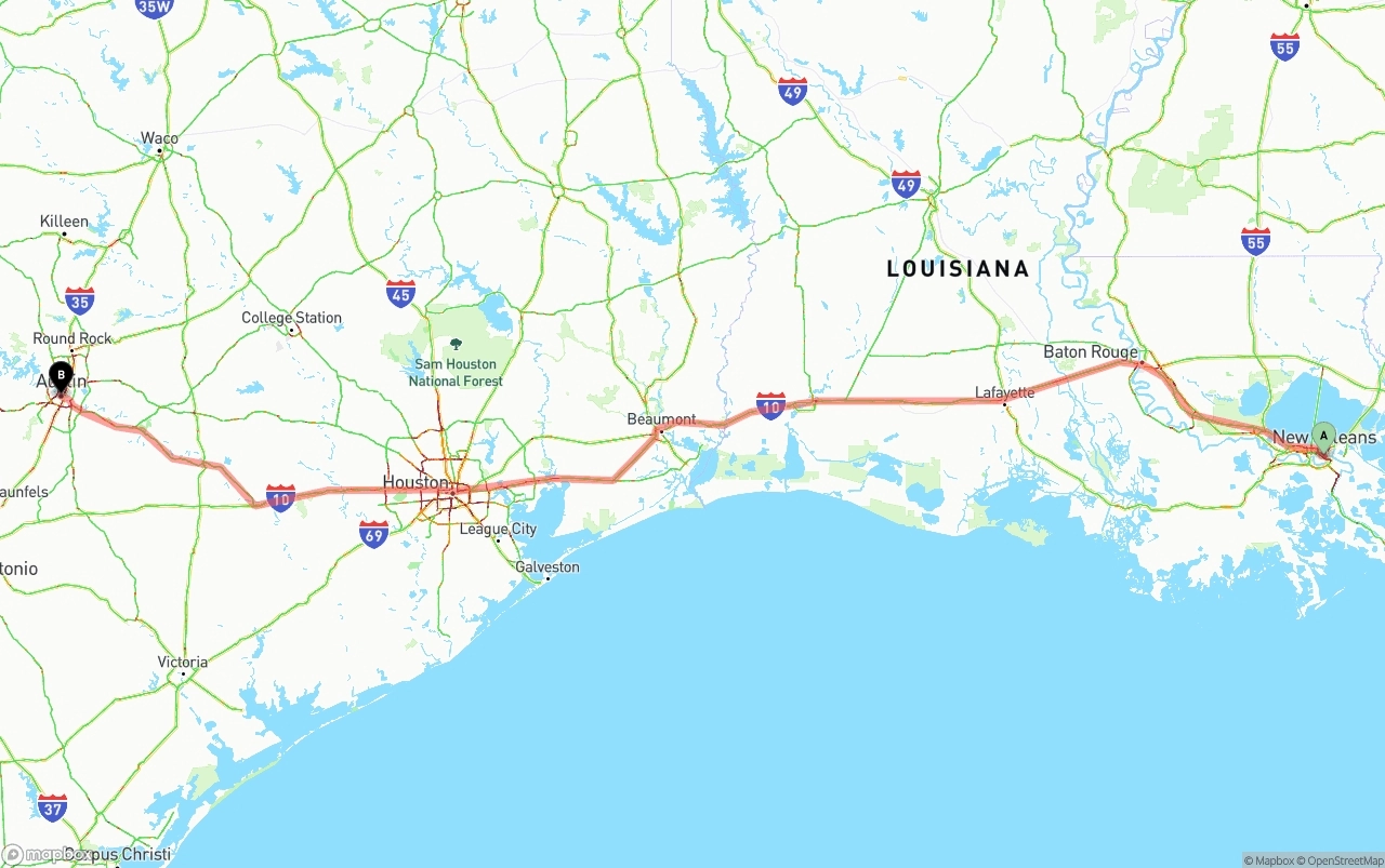 Shipping route from New Orleans to Austin