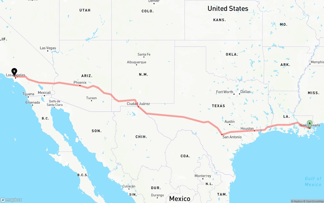 Shipping route from New Orleans to Bob Hope Airport