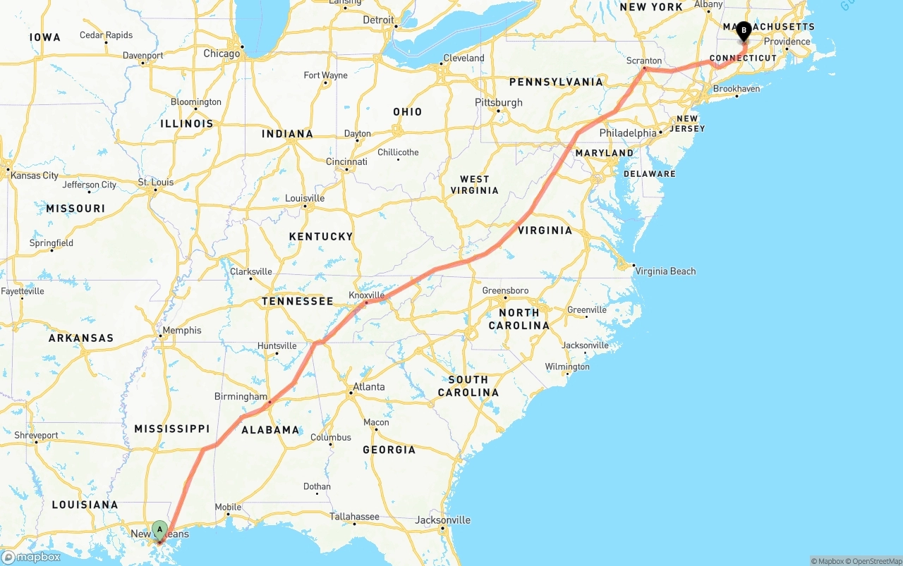 Shipping route from New Orleans to Bradley International Airport
