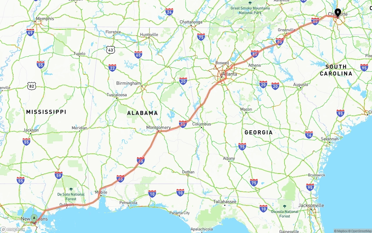 Shipping route from New Orleans to Charlotte