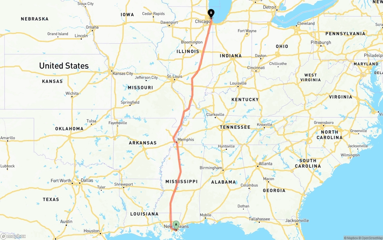 Shipping route from New Orleans to Chicago