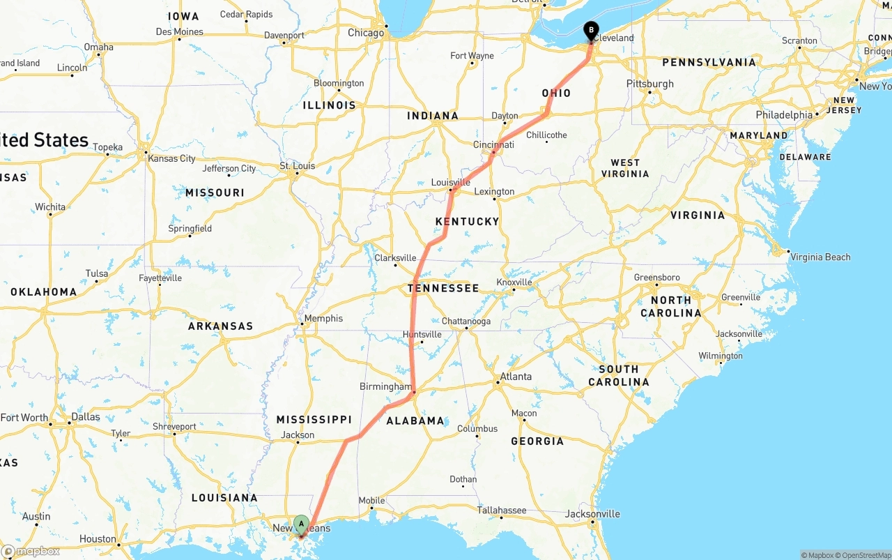 Shipping route from New Orleans to Cleveland