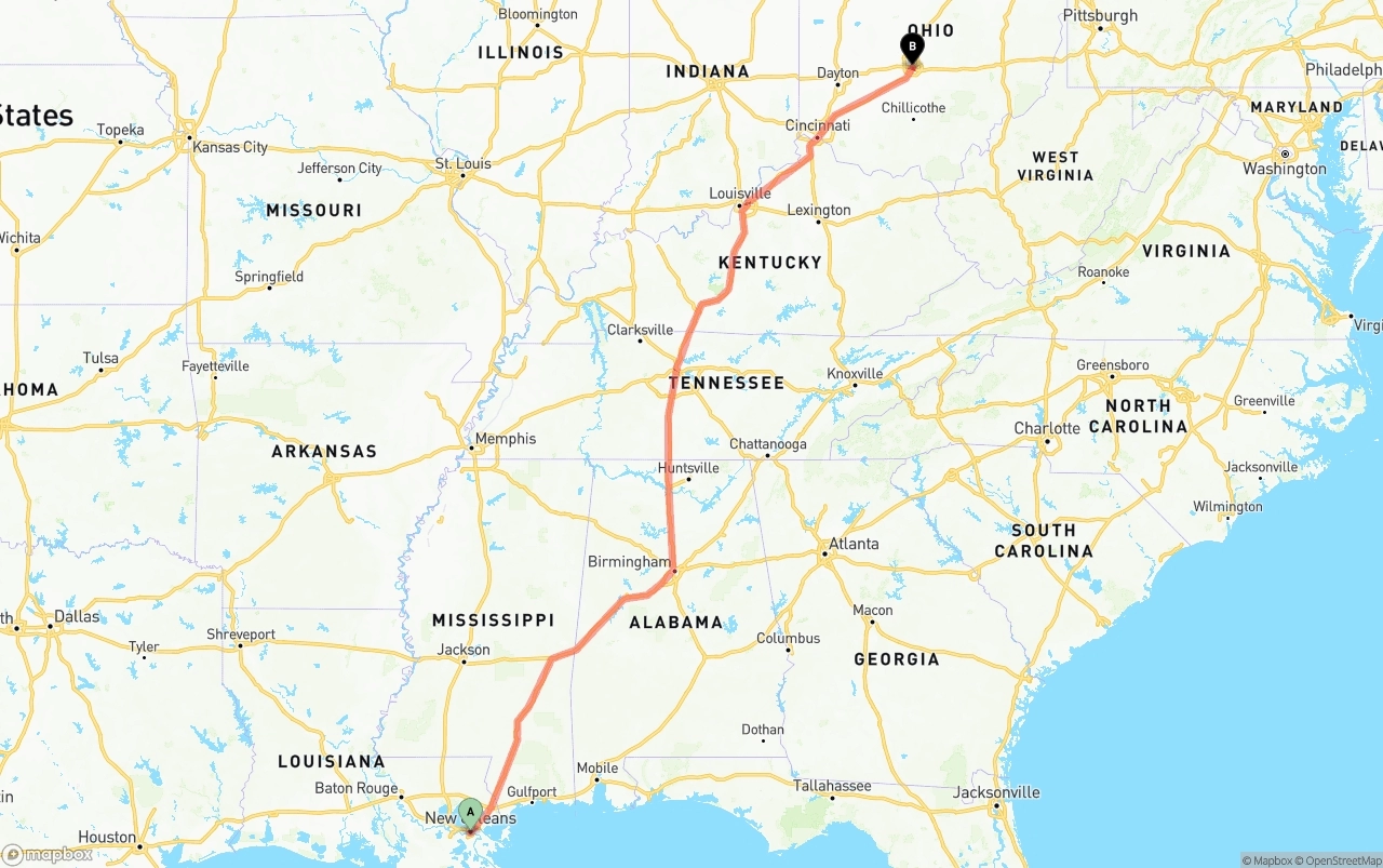 Shipping route from New Orleans to Columbus