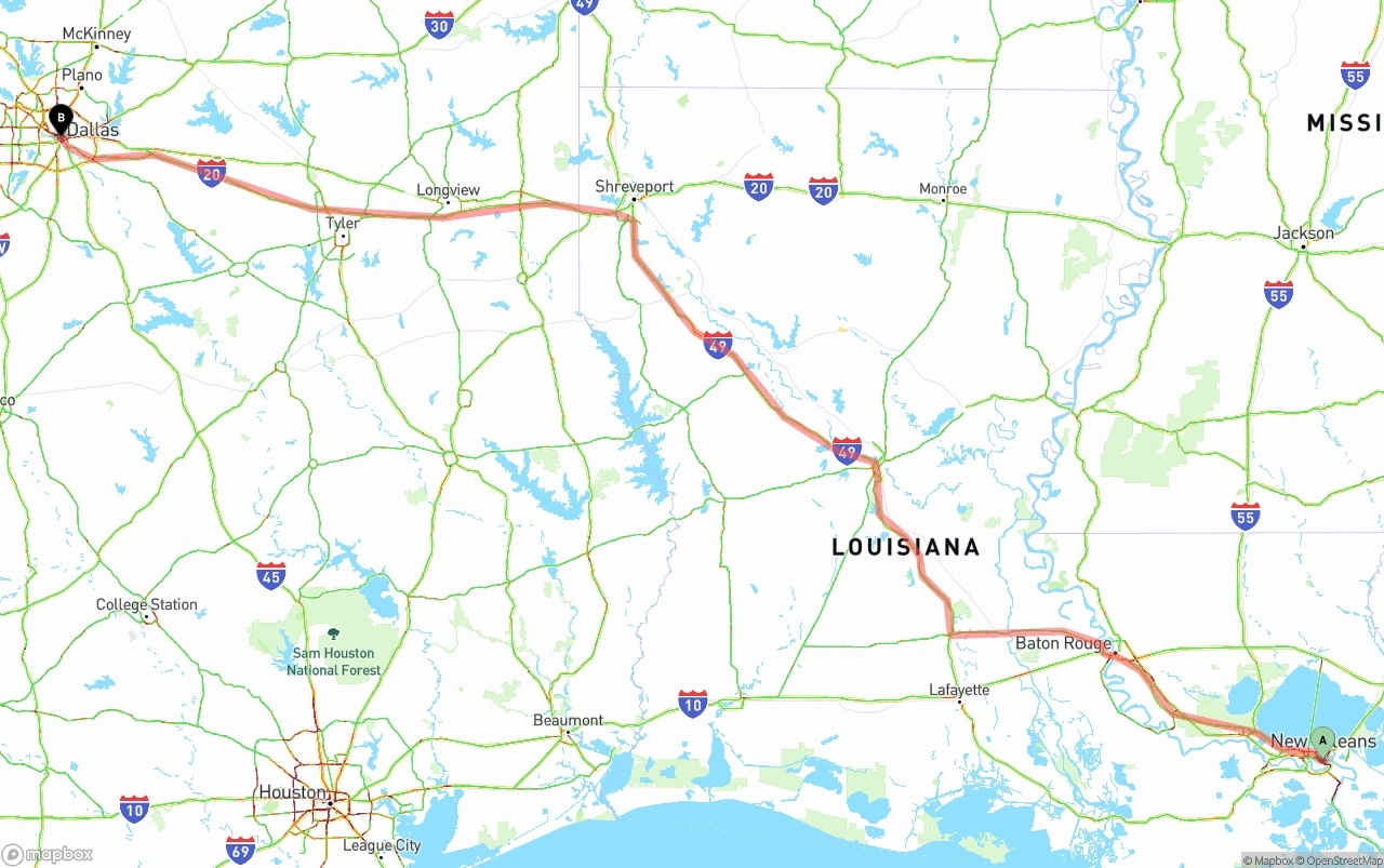 Shipping route from New Orleans to Dallas