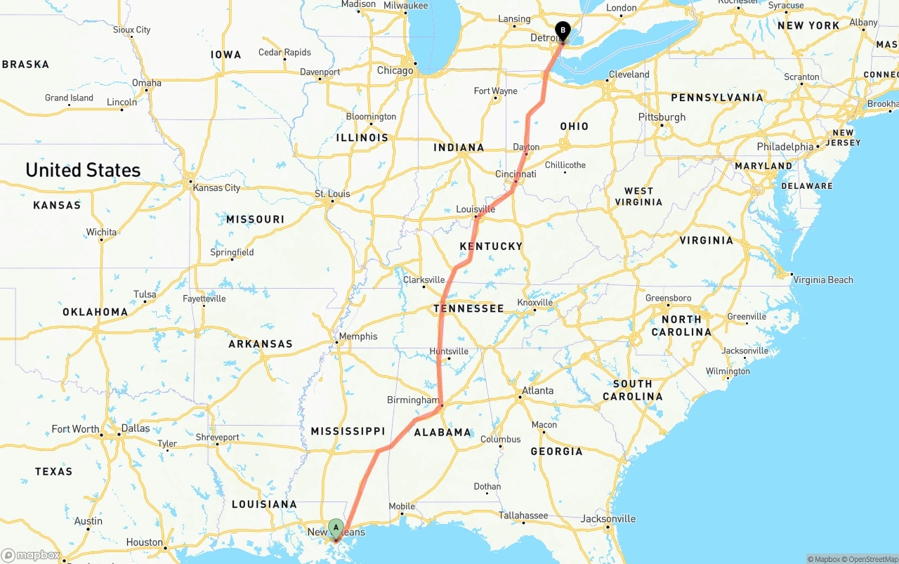 Shipping route from New Orleans to Detroit