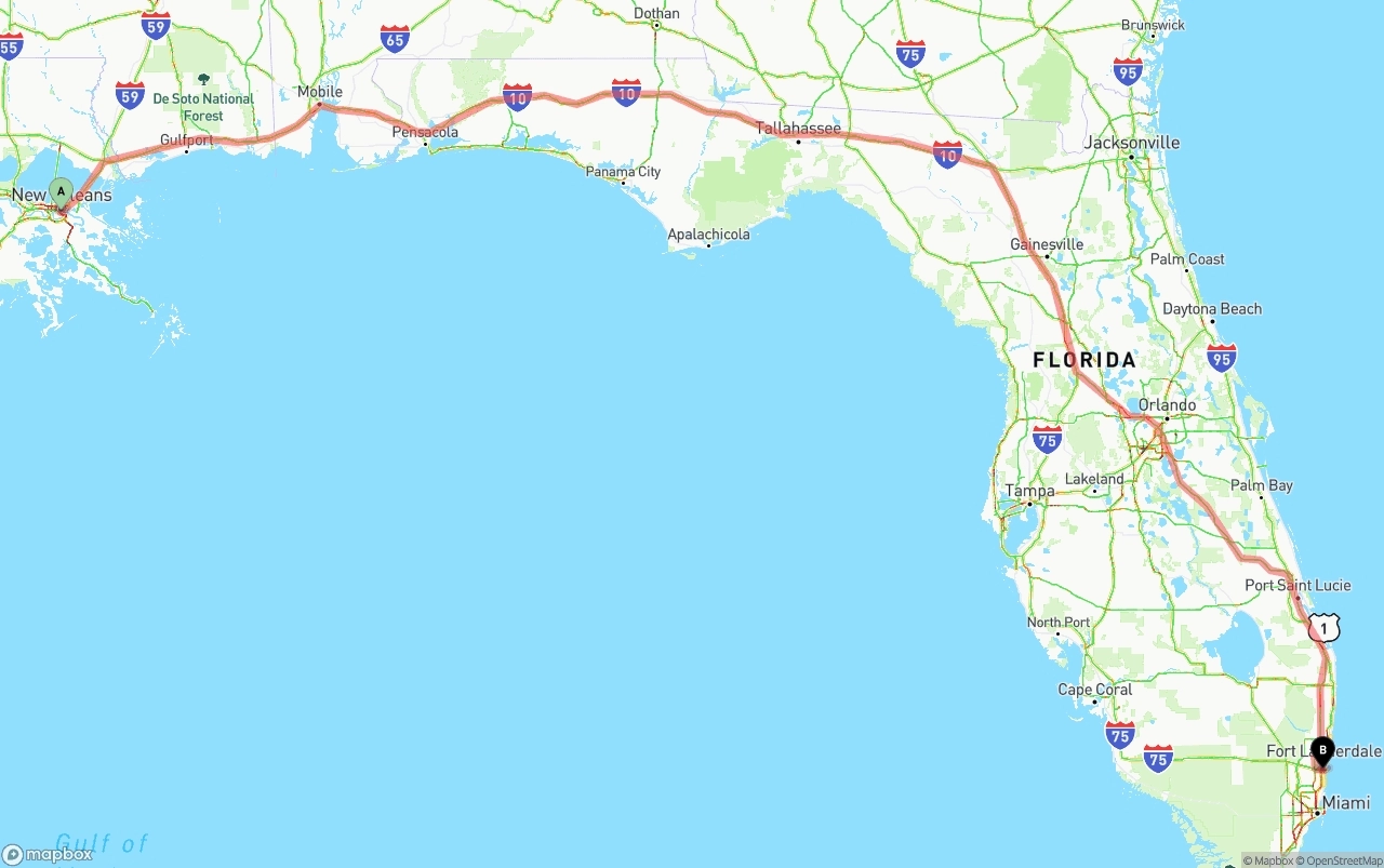 Shipping route from New Orleans to Fort Lauderdale-Hollywood International Airport