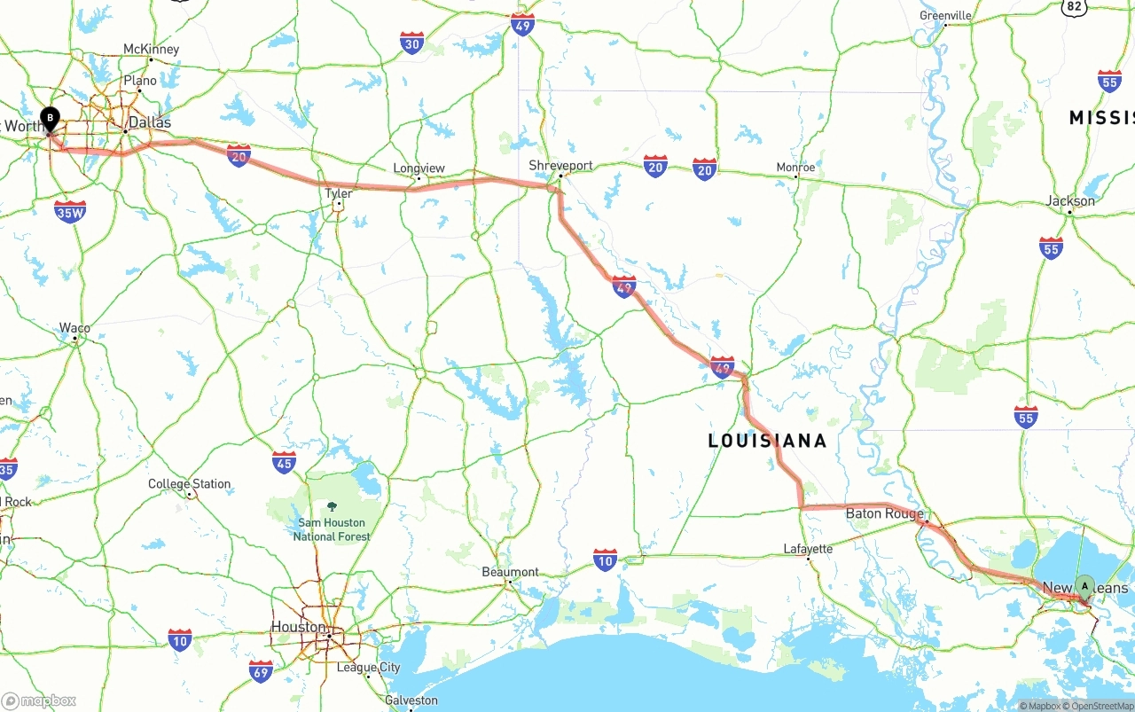 Shipping route from New Orleans to Fort Worth