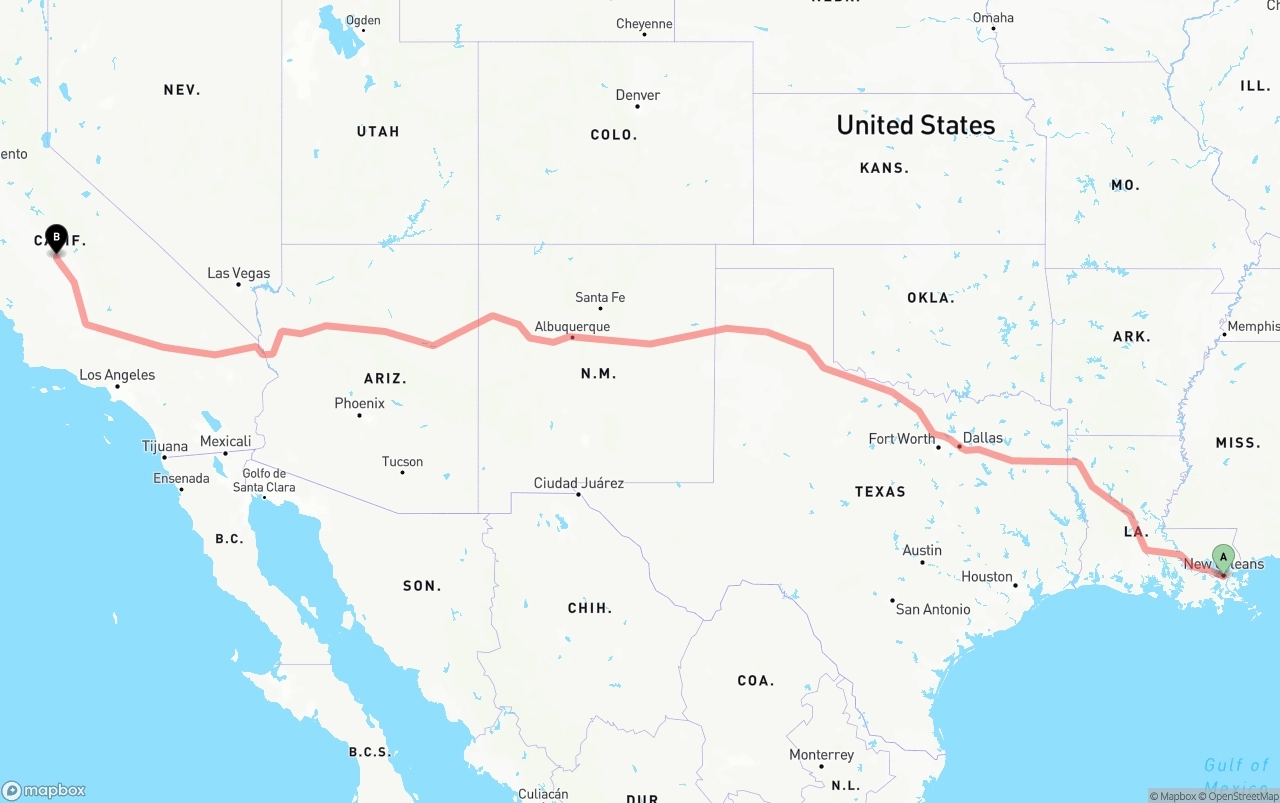 Shipping route from New Orleans to Fresno