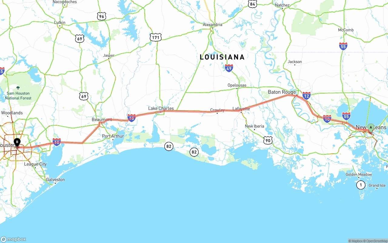 Shipping route from New Orleans to Houston
