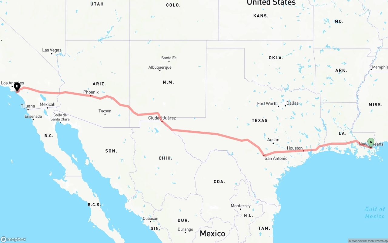 Shipping route from New Orleans to John Wayne Airport — Orange County