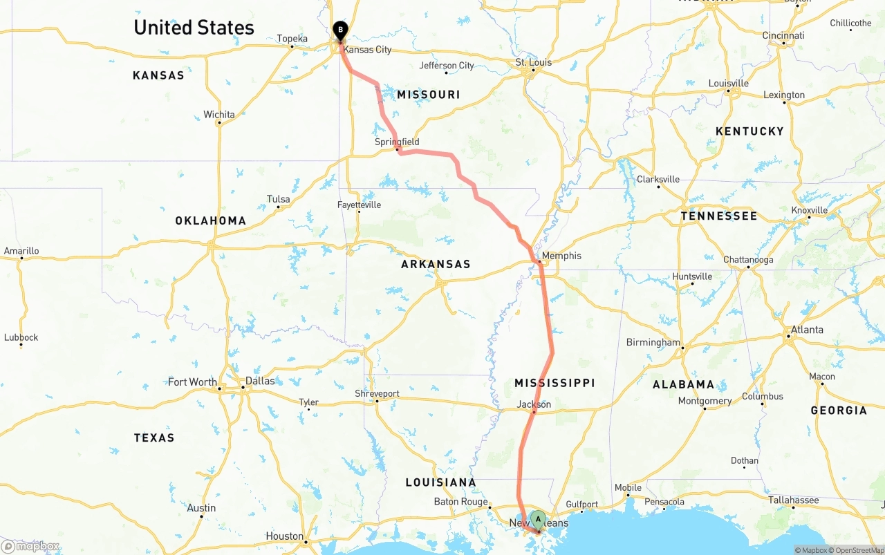 Shipping route from New Orleans to Kansas City