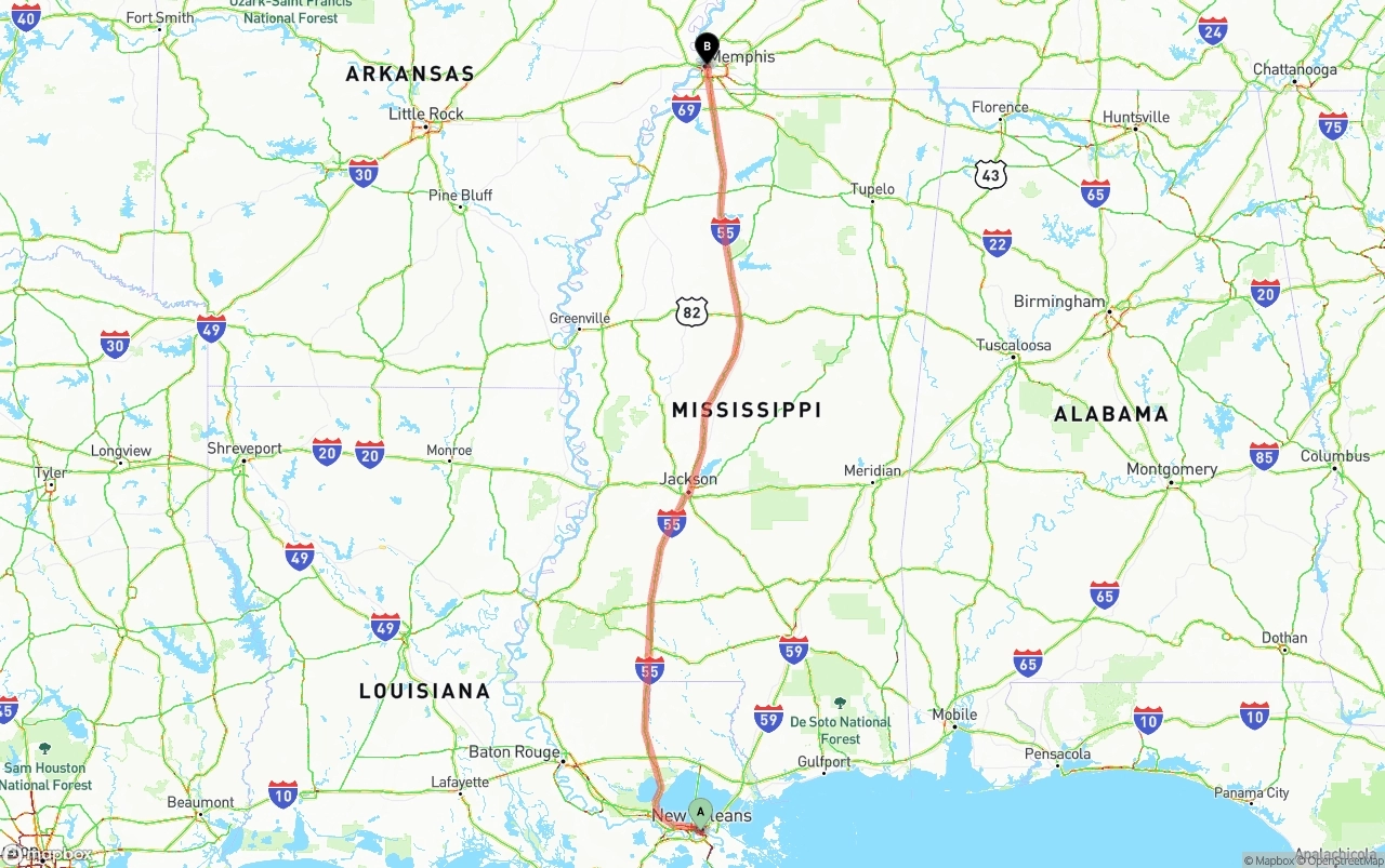 Shipping route from New Orleans to Memphis