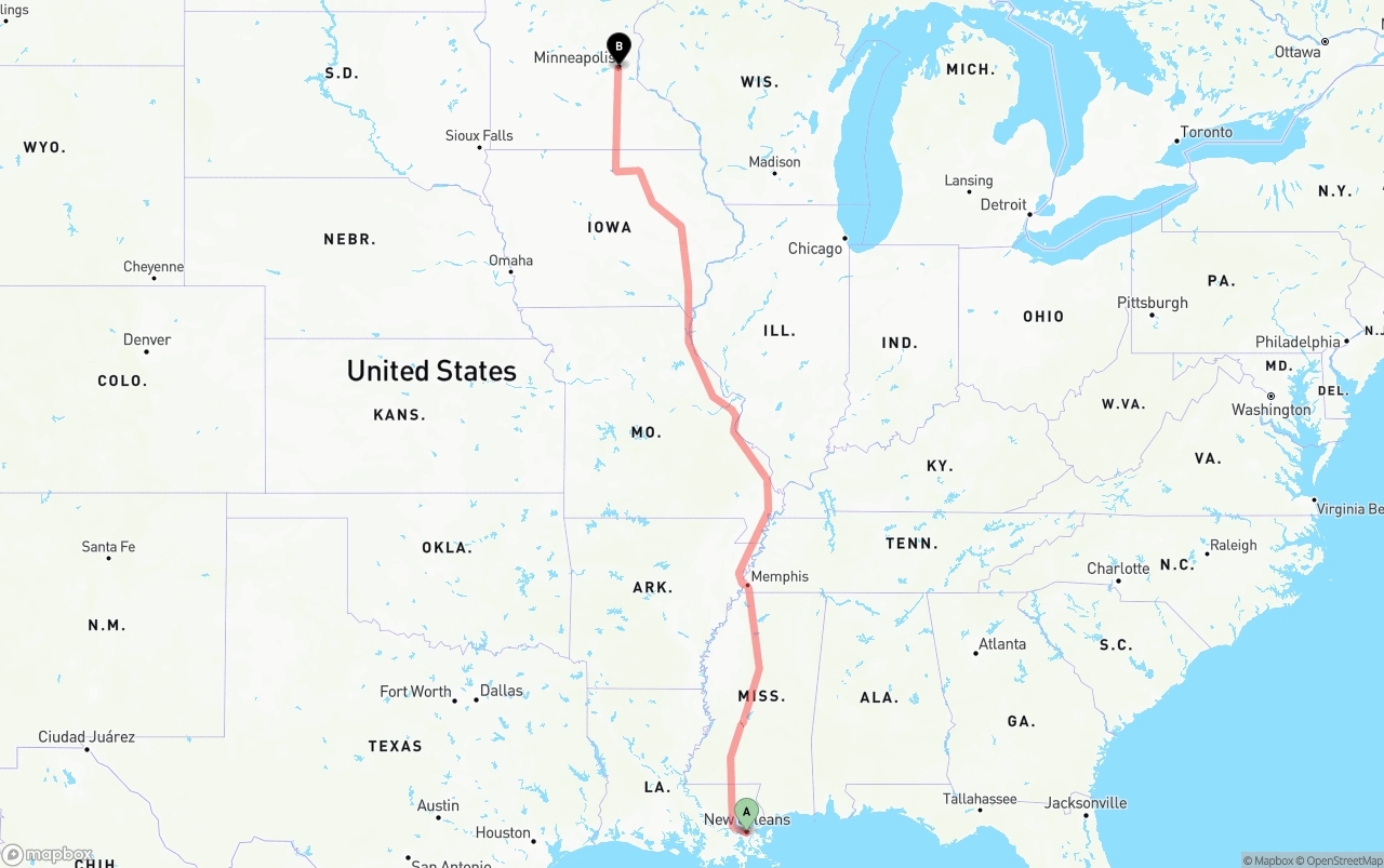 Shipping route from New Orleans to Minneapolis
