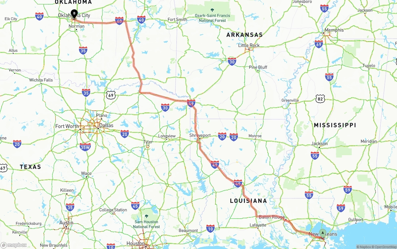 Shipping route from New Orleans to Oklahoma City